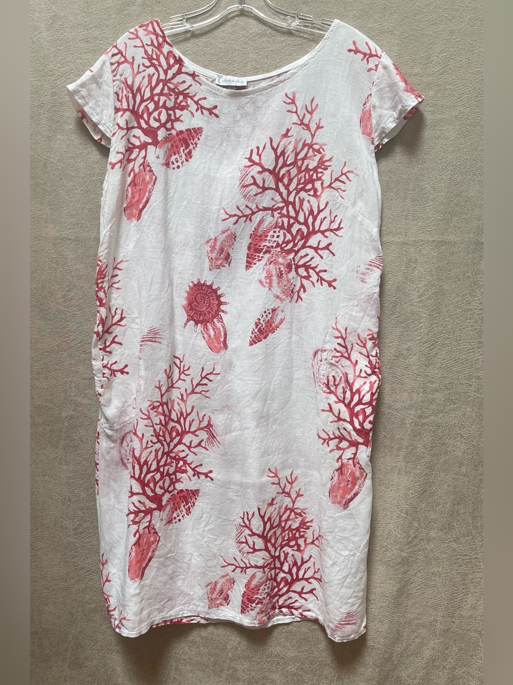 Linen the Label Coral Print White Linen Shift Dress
